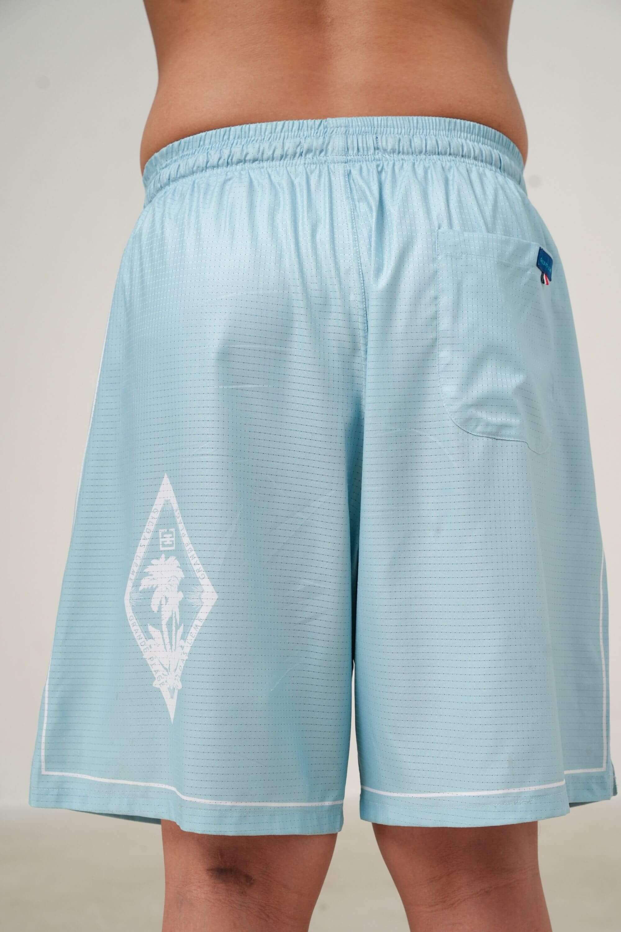 pink paradise resort short light blue back view on model #color_light blue