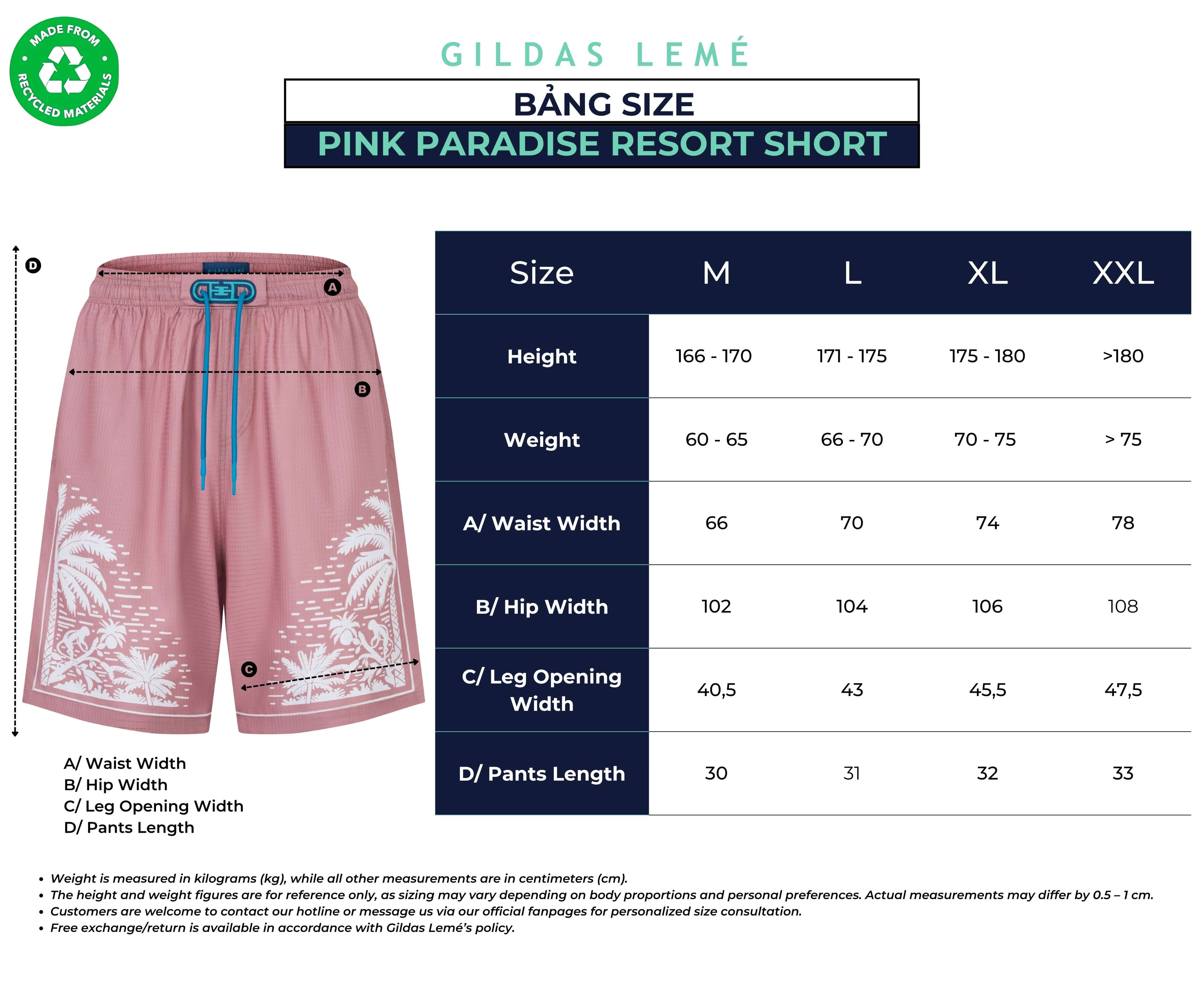 Size chart of the Pink Paradise men’s resort shorts