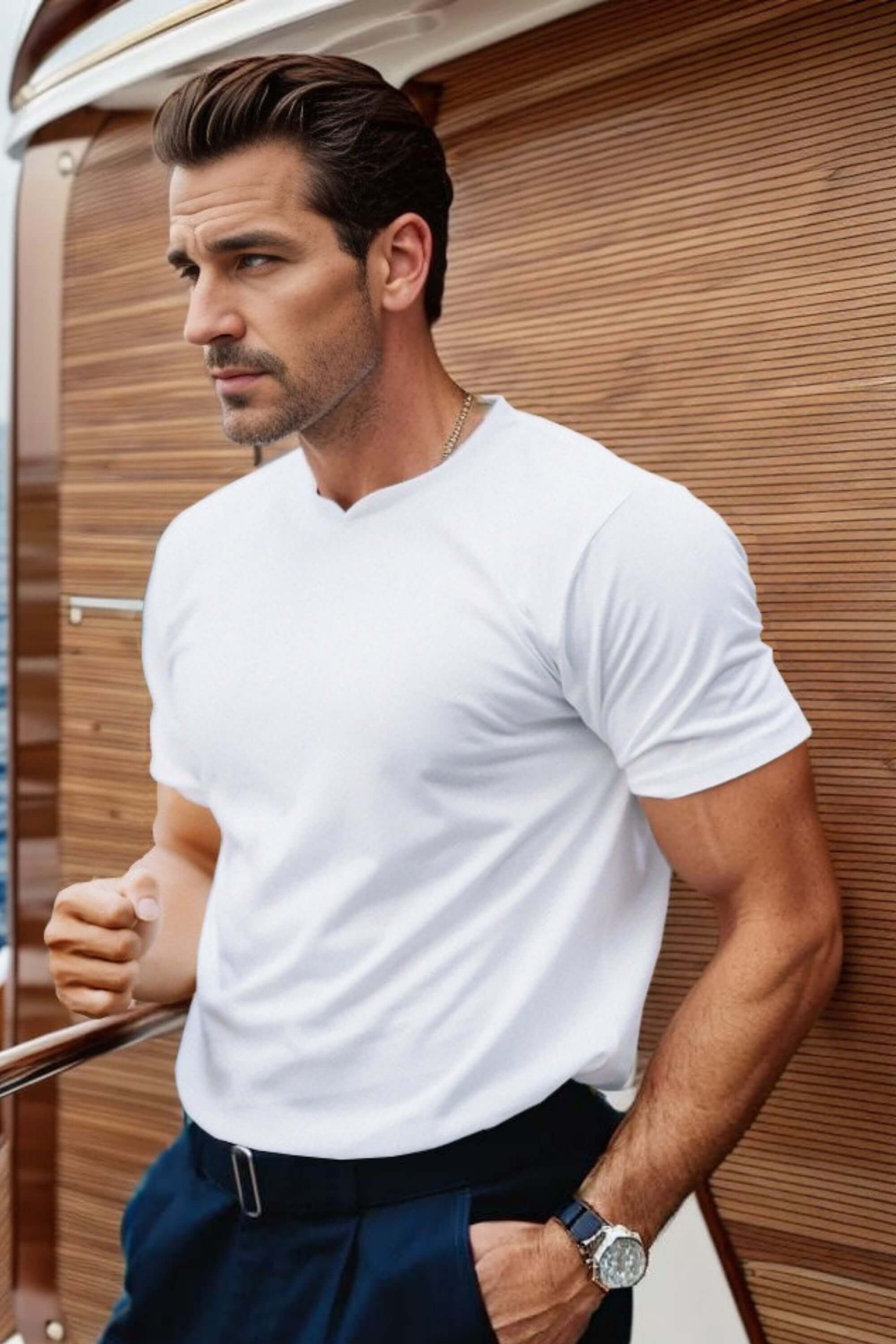 qmax mandarin round neck t-shirt on model