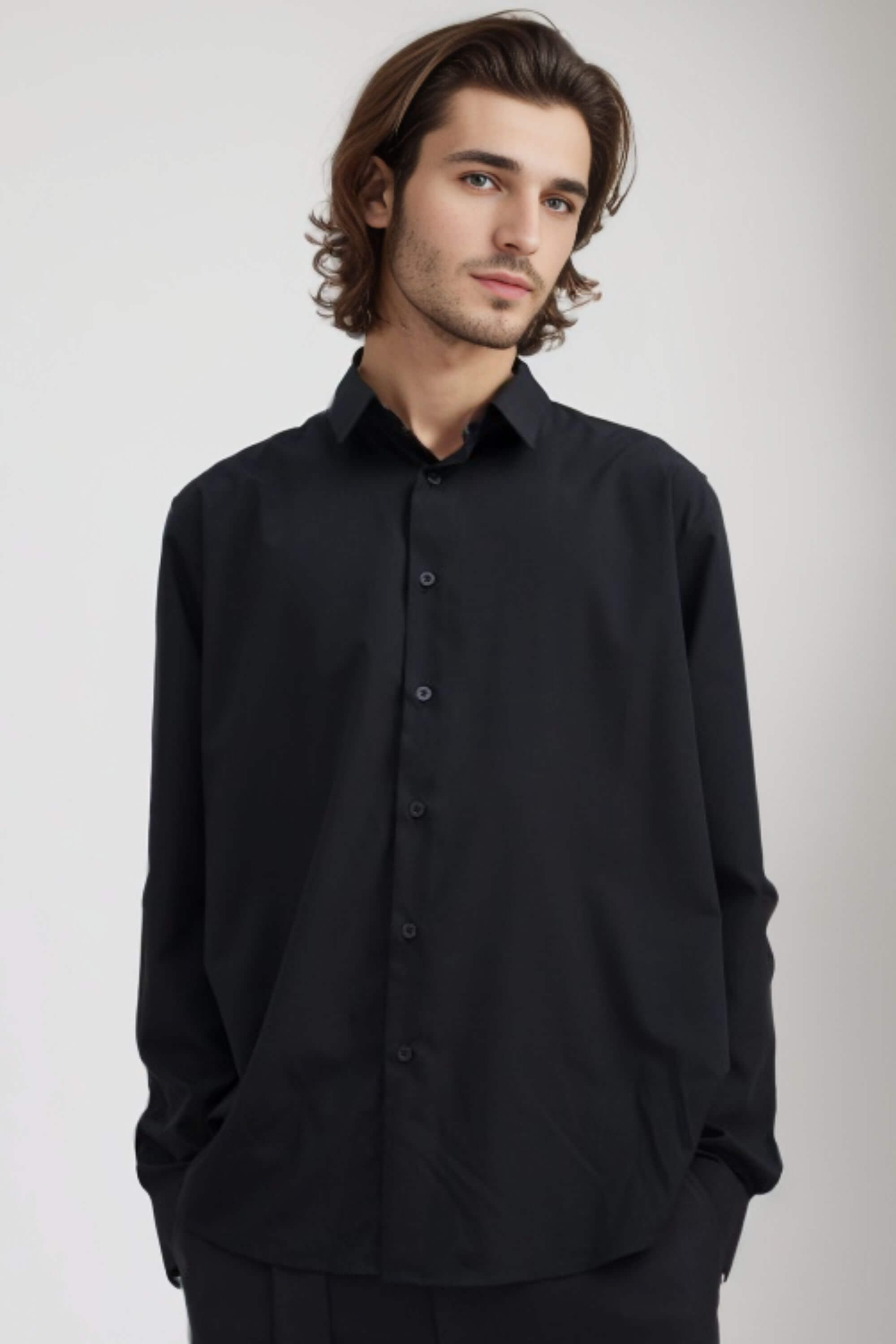riviera bamboo shirt black front view on model #color_black