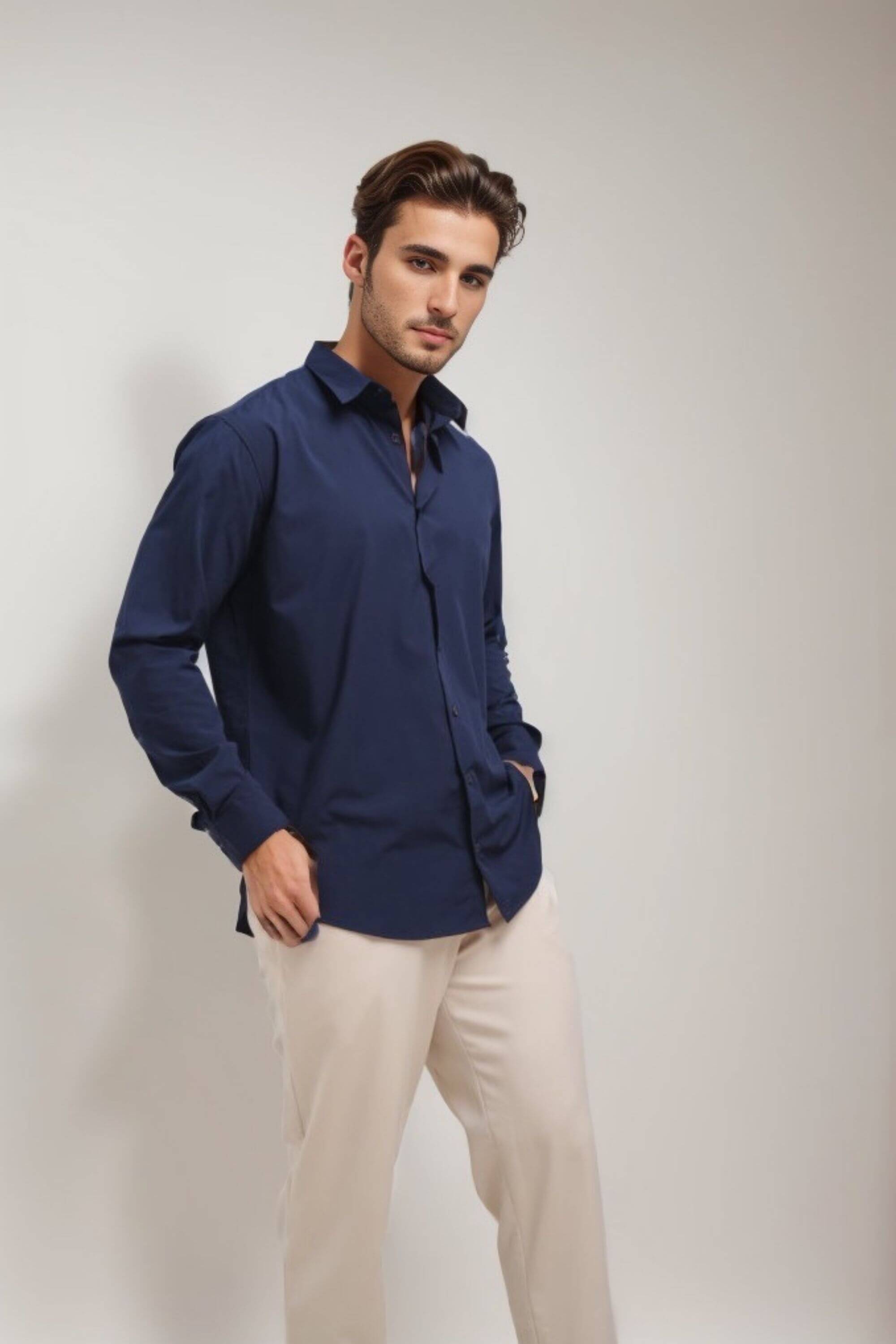 riviera bamboo shirt front view on model #color_navy