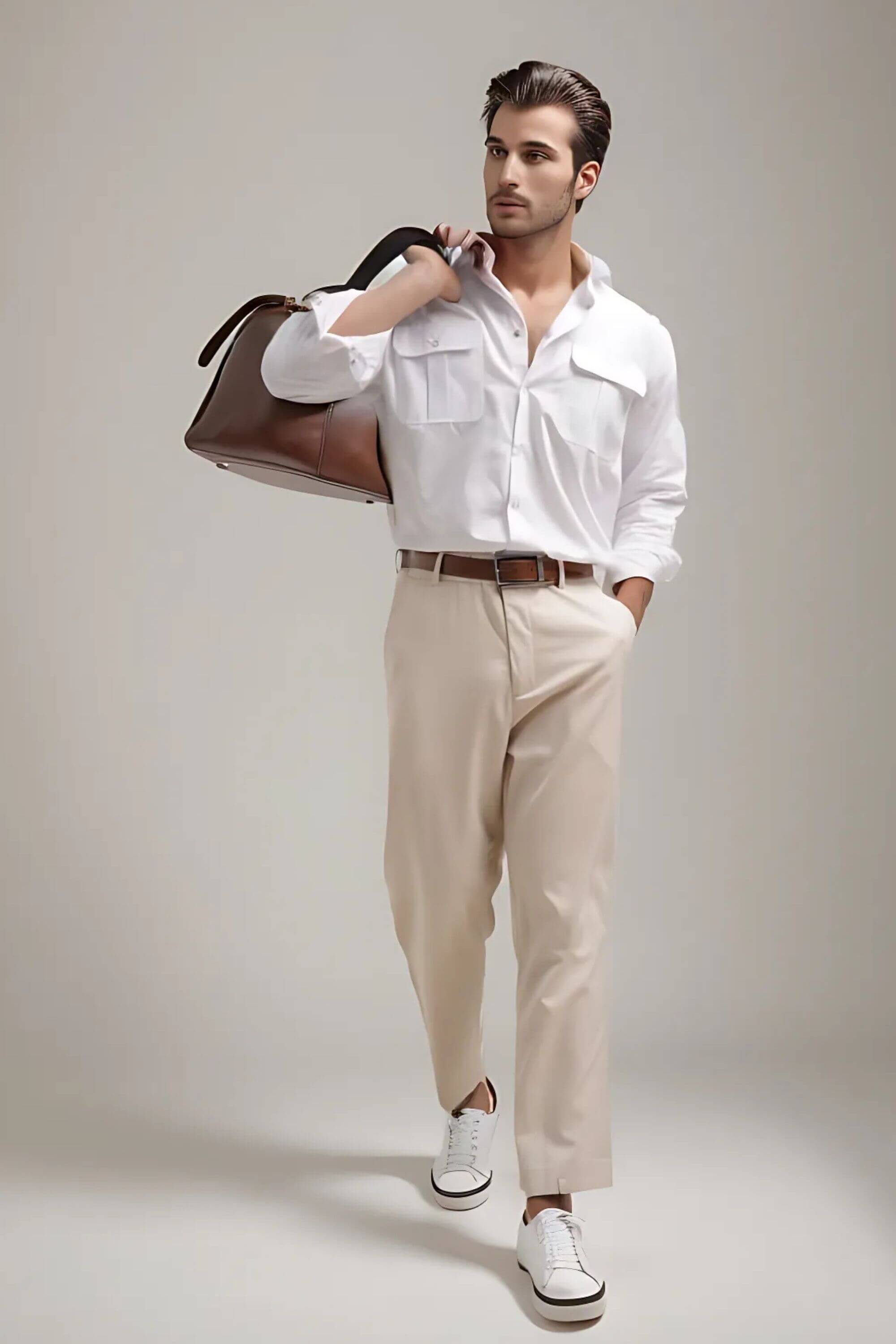 safari linen shirt white front view on model
