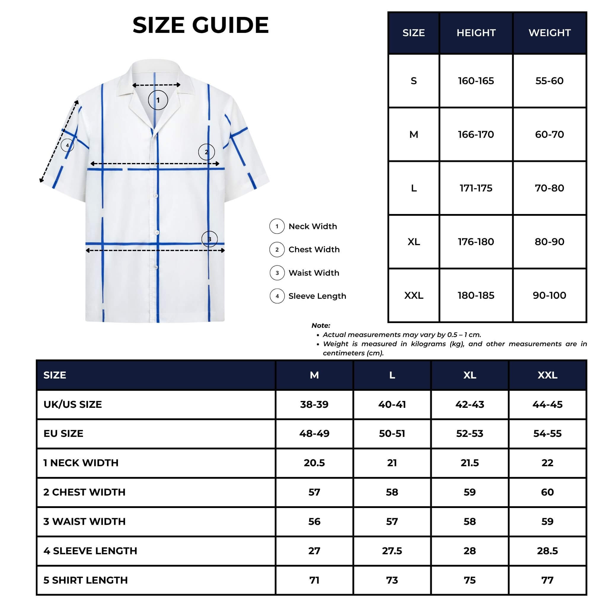 Midnight Bath Resort Set size guide - Shirt measurements chart