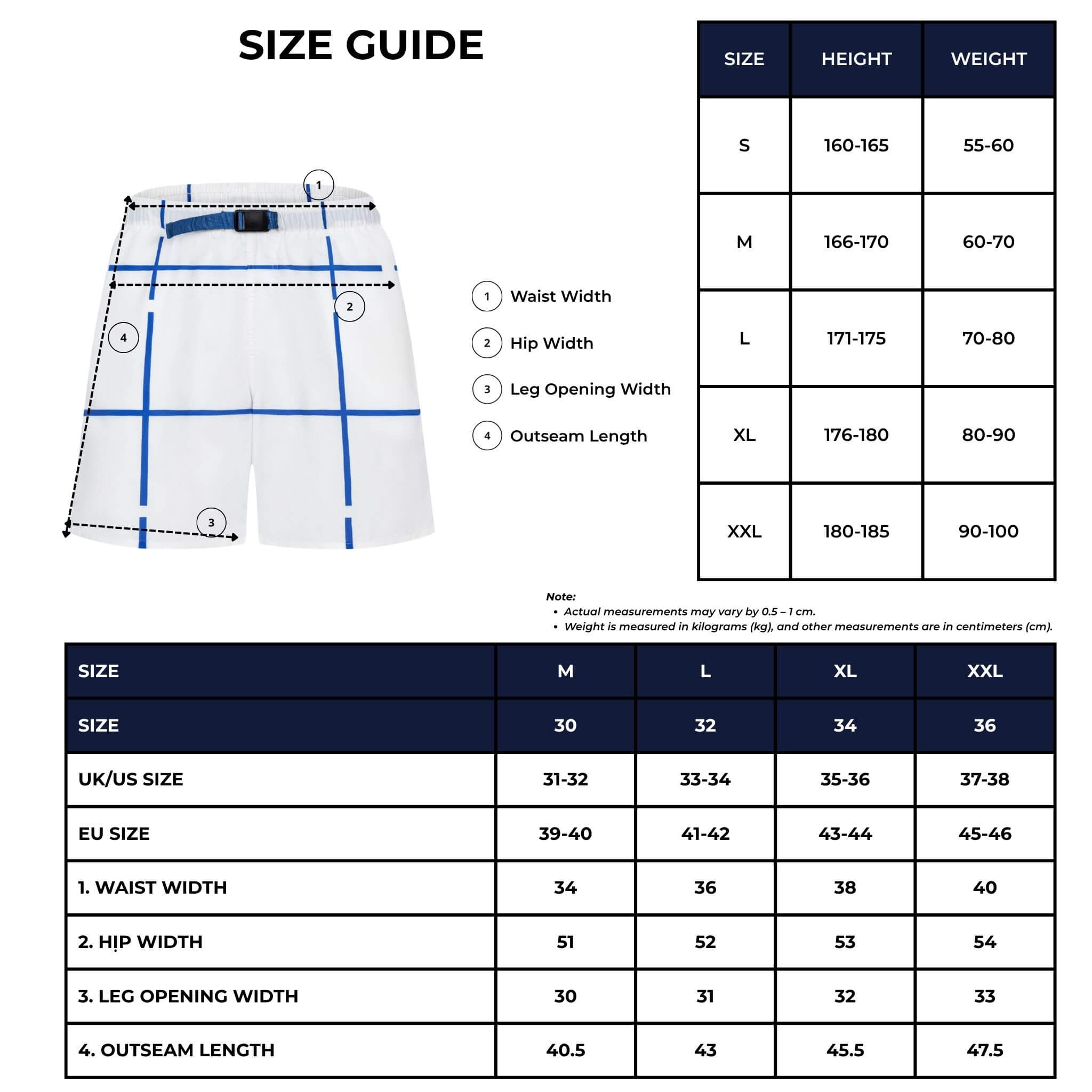 Midnight Bath Resort Set size guide - Shorts measurements chart