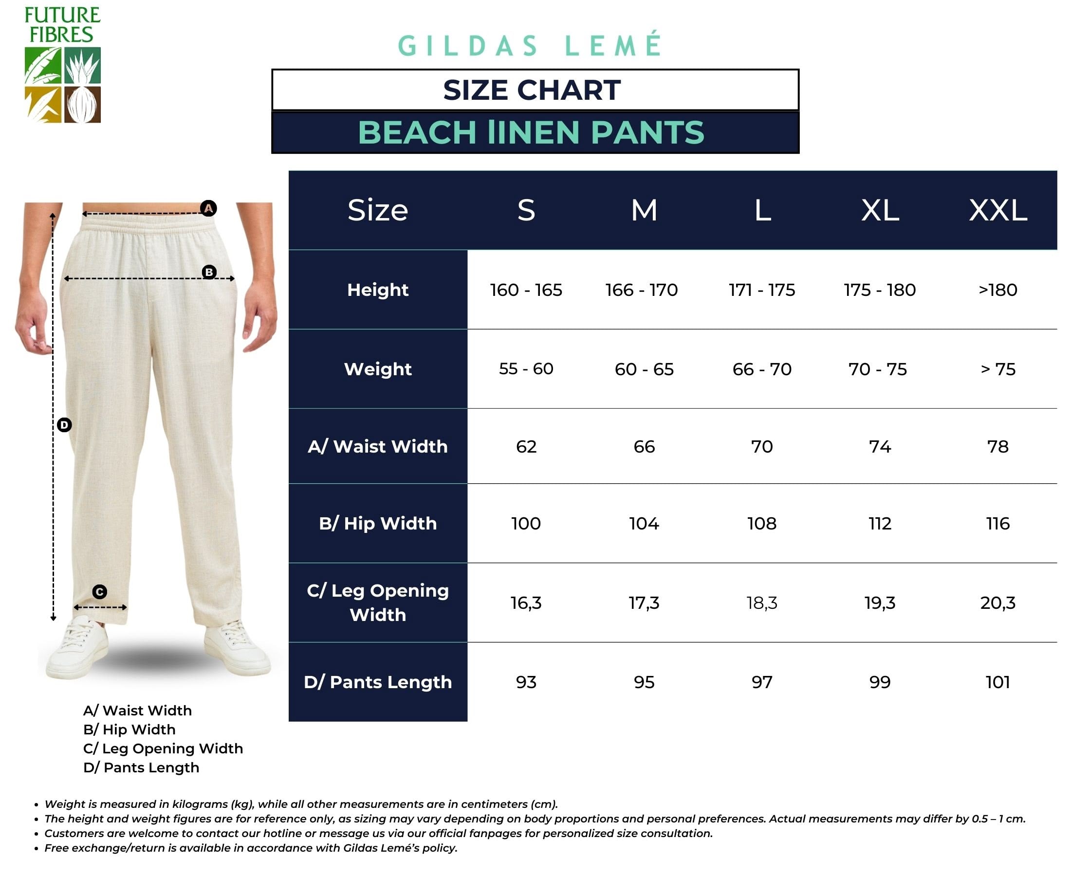 size chart beach linen blended pants