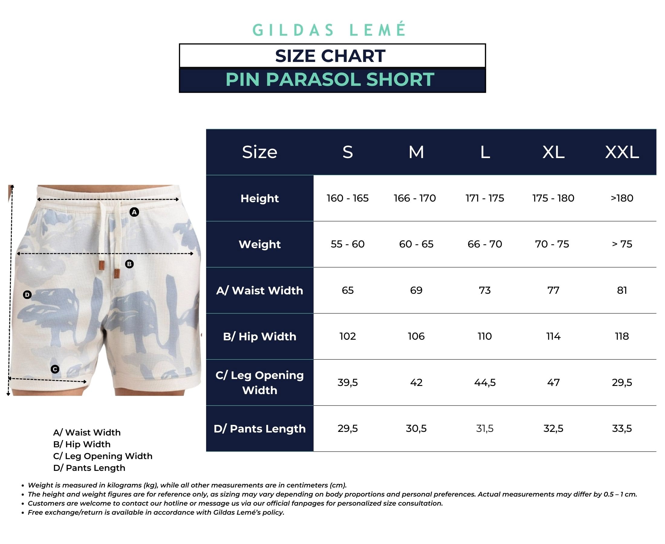 size chart pin short
