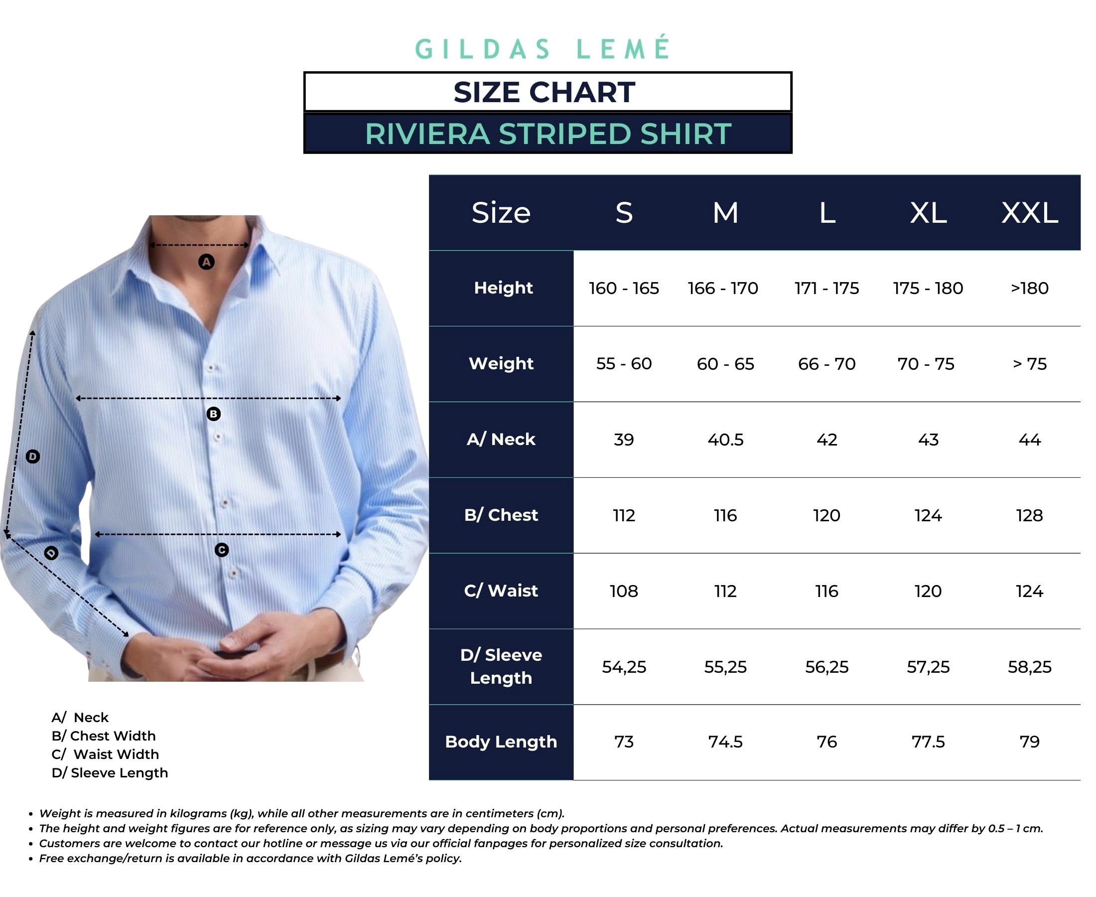 size chart riviera striped shirt