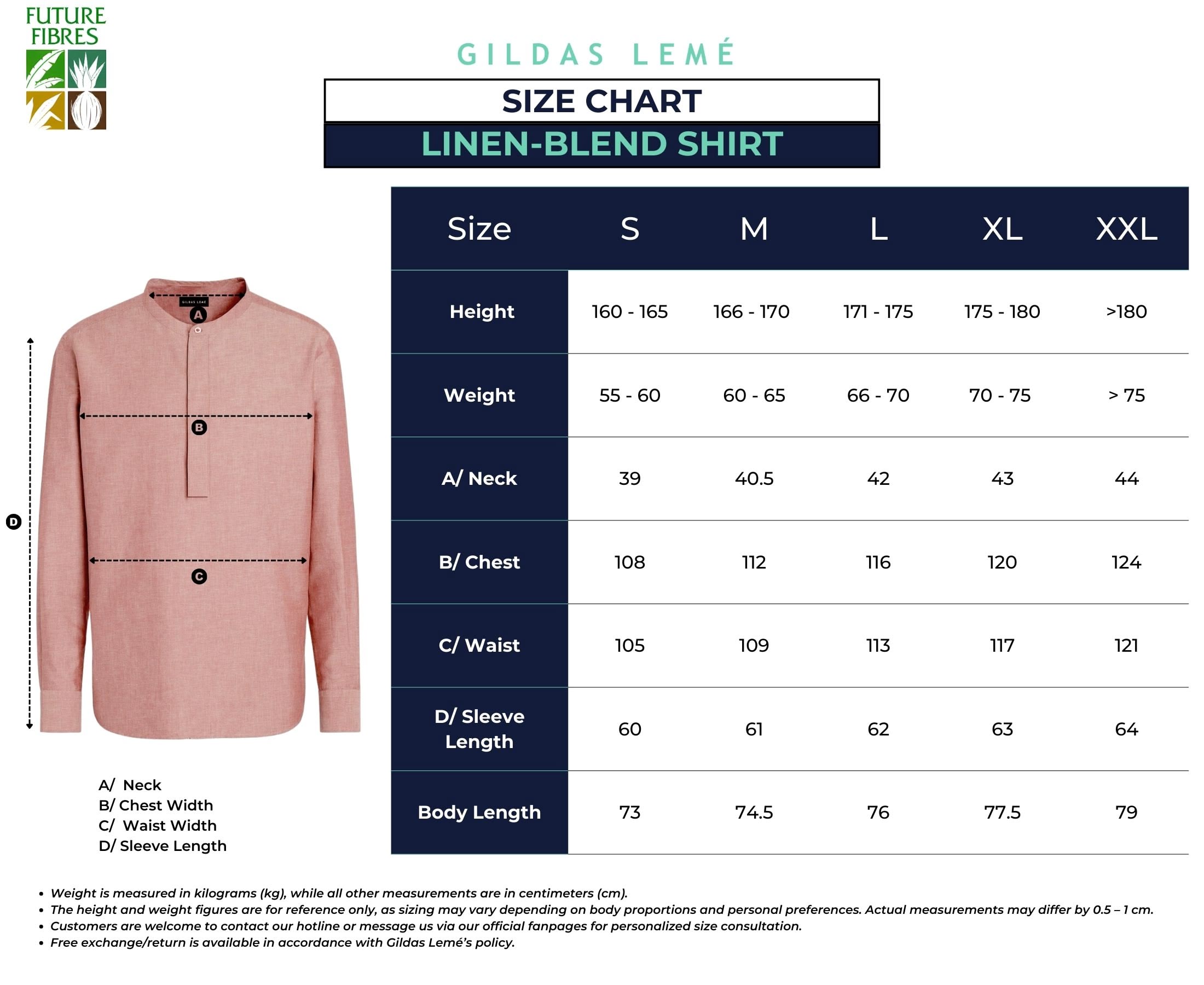 size chart tet linen blended shirt