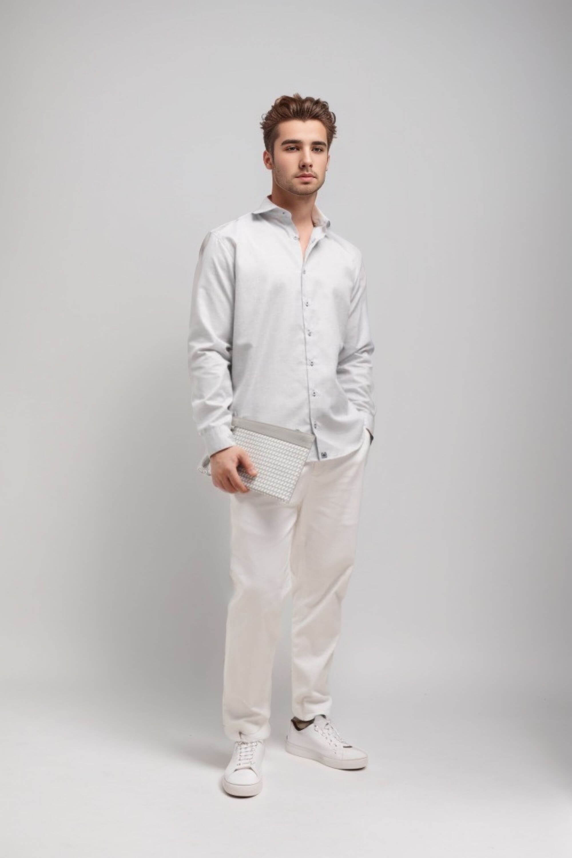 st.raphael linen shirt on model with chino pant