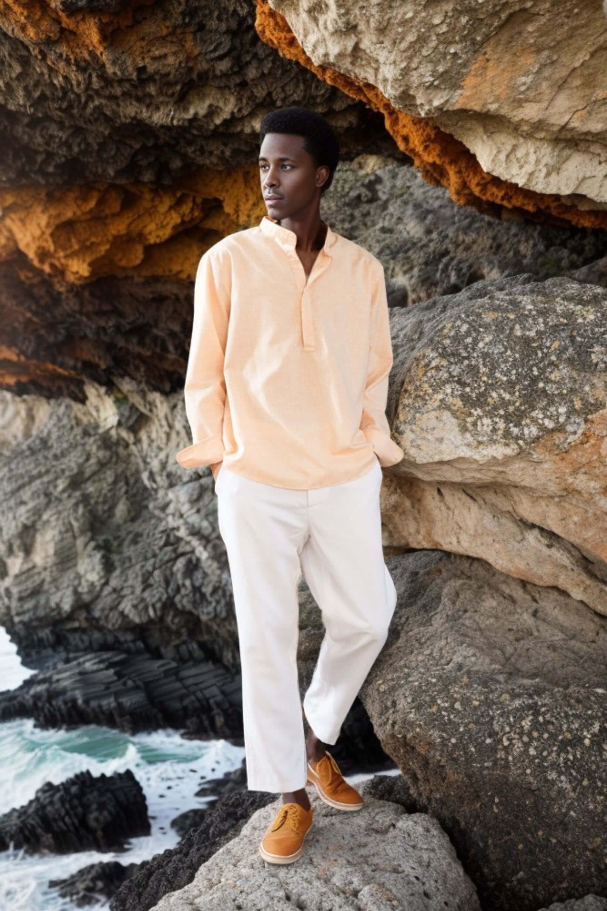 tet linen mandarin collar shirt golden on model #color_golden orange